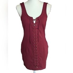 Guess Burgundy Dark Red Mini Dress Full Lace up Front Scoop Neck Medium